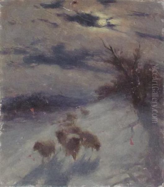 Sheep In The Snow - A Moonlit Sketch Oil Painting by Joseph Farquharson