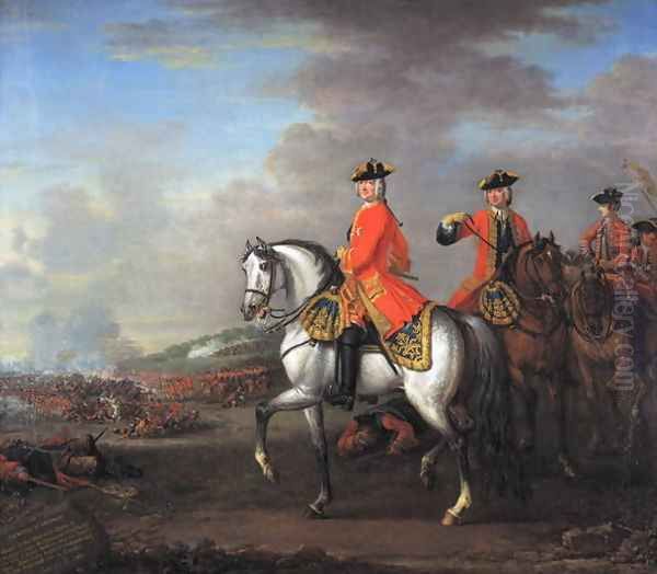 King George II (1683-1760) at the Battle of Dettingen, with the Duke of Cumberland and Robert, 4th Earl of Holderness, 27th June 1743, c.1743 Oil Painting by John Wootton