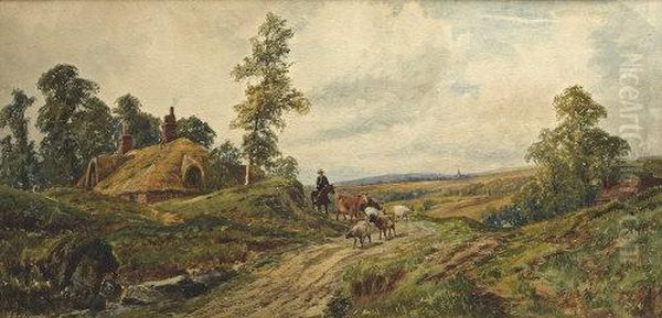 Driving Cattle And Sheep Down Road By Cottage Oil Painting by John Faulkner