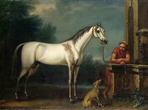 Lord Oxfords Bloody-Shouldered Arabian held by a groom in Arabian dress Oil Painting by John Wootton