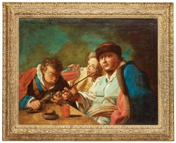 Three Men Smoking A Pipe Oil Painting by Domenico Maggiotto