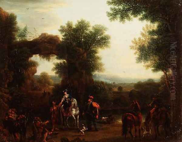 A hunting party giving alms to gypsies in a wooded river landscape Oil Painting by John Wootton