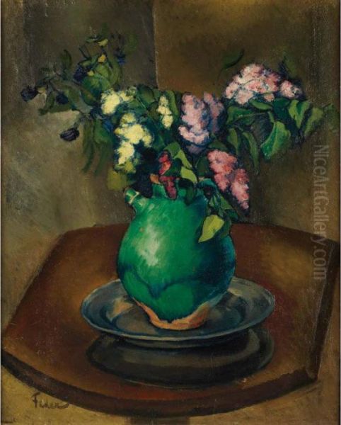 Still Life Of Lilacs In A Green Jug Oil Painting by Adolphe Feder