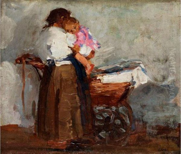 Mutter Mit Kleinkind Vor Einem Kinderwagen Oil Painting by Friedrich Fehr