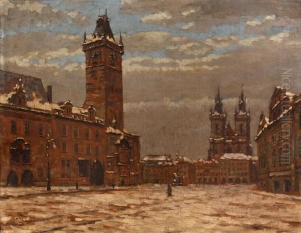 Old Town Square In Winter Oil Painting by Stanislav Feikl