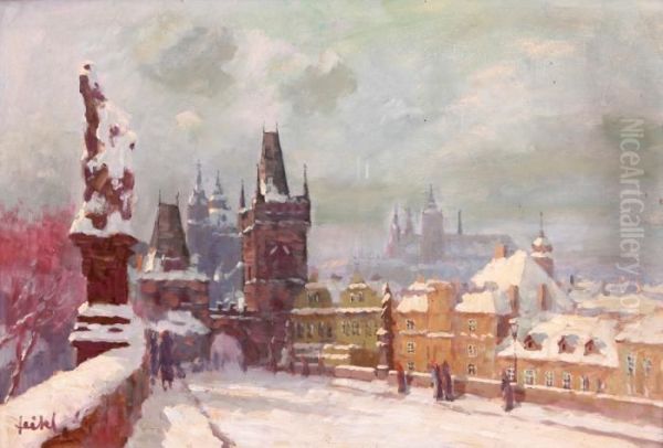 Charles Bridge In Winter Oil Painting by Stanislav Feikl