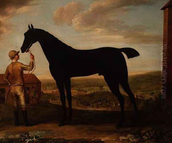 Basto, dark bay racehorse held by groom outside the stable at Newmarket Oil Painting by John Wootton