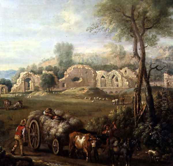 Haycart Passing a Ruined Abbey, c.1740-50 Oil Painting by John Wootton