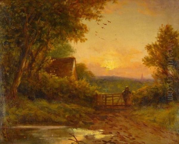 Scenic Landscape With A Boy And A Gate Oil Painting by Robert Robin Fenson