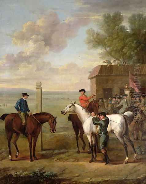 Racehorses with jockeys up by the rubbing down house on Newmarket Heath Oil Painting by John Wootton