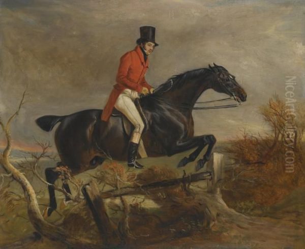 Portrait Of Sir Henry Goodricke, 7th Baronet, Clearing A Fence On His Grey Hunter Oil Painting by John Snr Ferneley