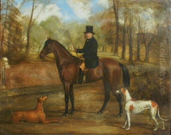 Portrait Of A Gentleman Saddled 
On Bay Hunter With Greyhounds Alongside In A Country Setting Oil Painting by John Snr Ferneley