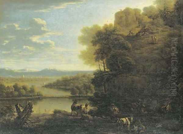 A goatherd and goats on a rocky wooded outcrop before an extensive river landscape Oil Painting by John Wootton