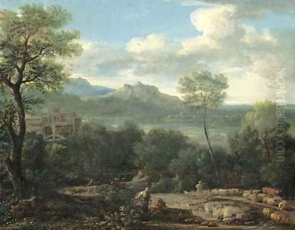 An Italianate landscape with a shepherd and shepherdess in the foreground and a hilltop village overlooking a lake and mountains beyond Oil Painting by John Wootton