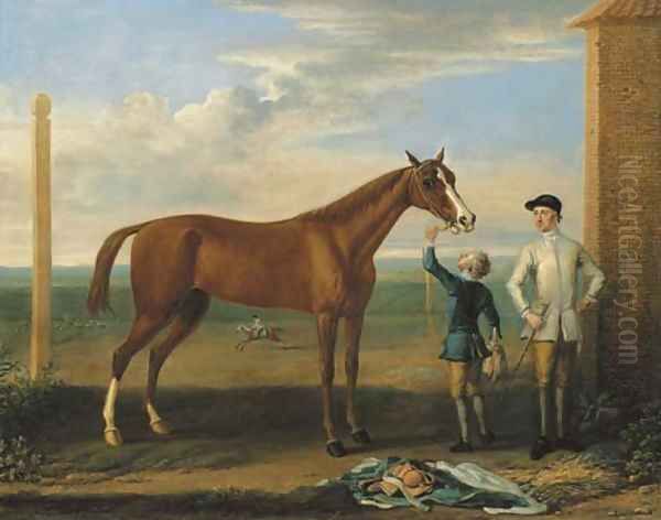 Bald Charlotte, also known as Lady Legs, a chestnut mare, held by a groom, with a jockey, at Newmarket Oil Painting by John Wootton