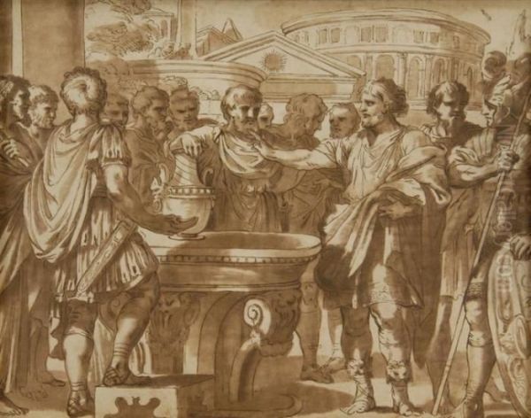 Romans Congregating Around A Well Oil Painting by Ciro Ferri