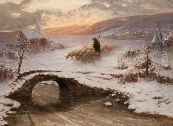 Paesaggio Innevato Con Contadino E Gregge Oil Painting by Antonio Ferrigno