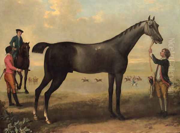 Childers, a dark bay racehorse held by a groom, with a horse and rider and jockey beside him, in an extensive landscape. Oil Painting by John Wootton