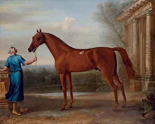 Mr Charles Wilson's Chestnut Arabian, held by a groom, beside a classical building Oil Painting by John Wootton