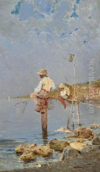 Boys Fishing On The Italian Coast Oil Painting by Egisto Ferroni