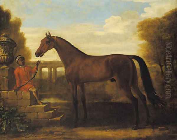 A dark bay Arab stallion, held by a groom seated on stone steps by a classical urn, a viaduct in the landscape beyond Oil Painting by John Wootton