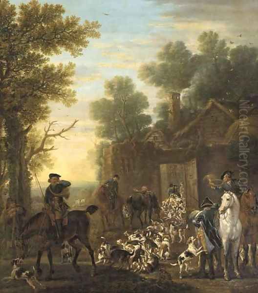 A hunting scene showing the release of the hounds, in a wooded landscape Oil Painting by John Wootton