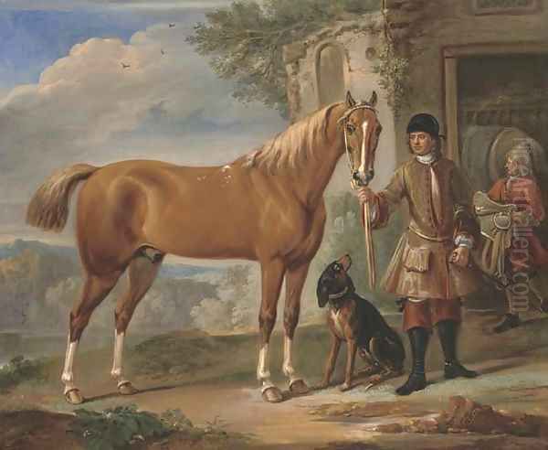 John Shafto of Bavington Hall, and Whitworth Hall, Northumberland, holding a hunter, in a landscape with a groom and stable beyond Oil Painting by John Wootton