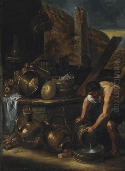 A Kitchen Interior With A Man Collecting Water Oil Painting by Domenico Fetti