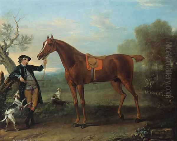 Squirrel, a thoroughbred chestnut Hunter held by a Groom, in an extensive wooded landscape Oil Painting by John Wootton