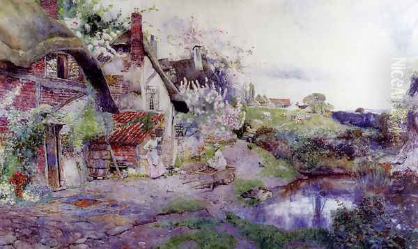 An English Idyll, Figures Outside A Thatched Cottage Oil Painting by David Woodlock