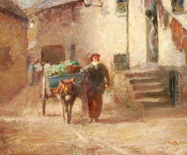 A Man Leading A Donkey And Cart Along A Street Oil Painting by Harry Filder