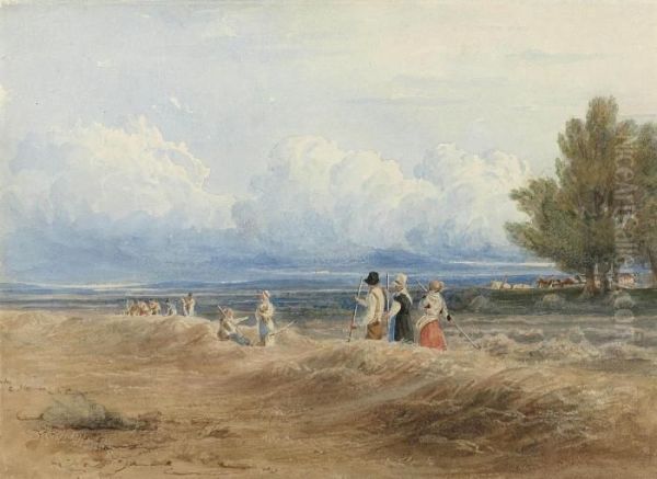 Gleaners At Work On A Windy Summer's Day Oil Painting by Thales Fielding