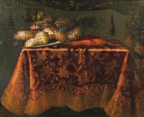 Assiette De Raisins Reposant Sur Un Coussin Et Un Tapis Oil Painting by Francesco (Il Maltese) Fieravino