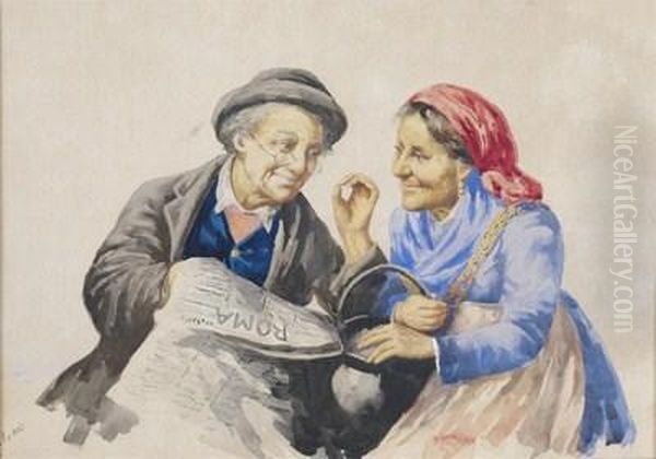 A Couple Reading The Roma Newspaper Oil Painting by Giovanni Battista Filosa