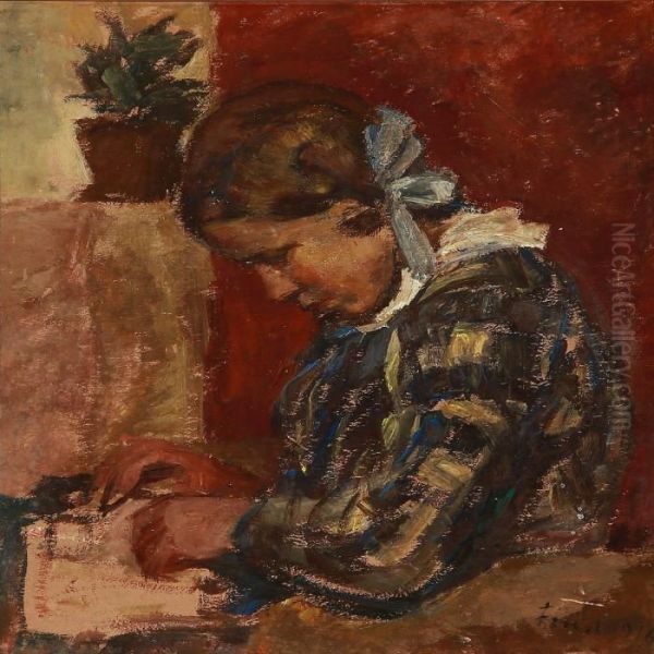 A Girl With Her Drawing Tools Oil Painting by Ludvig Find