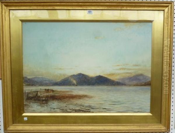 A Mountainous Lake Landscape With Steamboat Oil Painting by Herbert John Finn