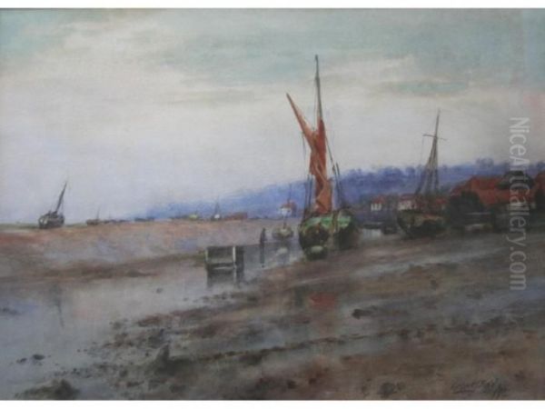 Harbour Scene At Low Tide Oil Painting by Herbert John Finn