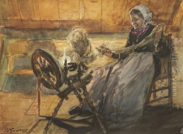 At The Spinning Wheel Oil Painting by Joseph Finnemore