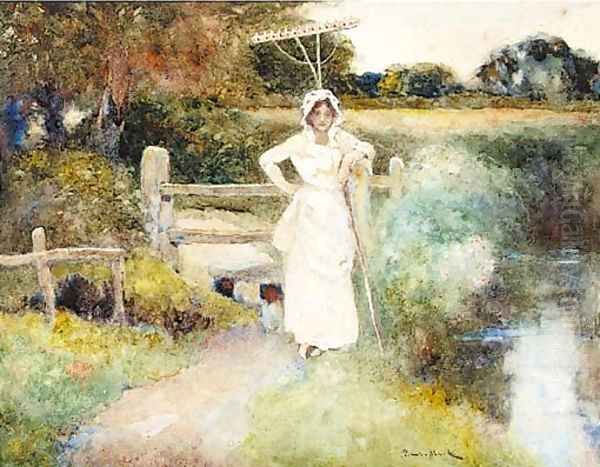 A country girl standing beside a stream holding a rake Oil Painting by David Woodlock