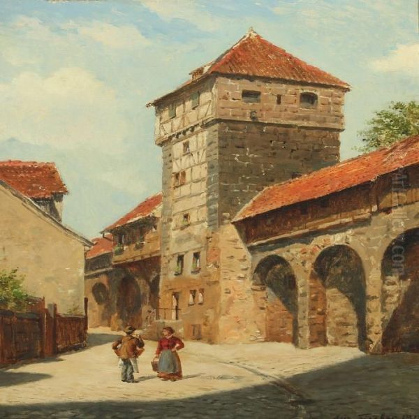 Cityscape From Nurnberg With Couple By Town Wall Oil Painting by August Fischer