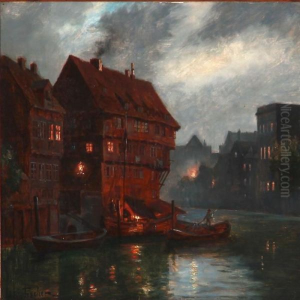 Evening Atmosphere In Nuremberg Oil Painting by August Fischer