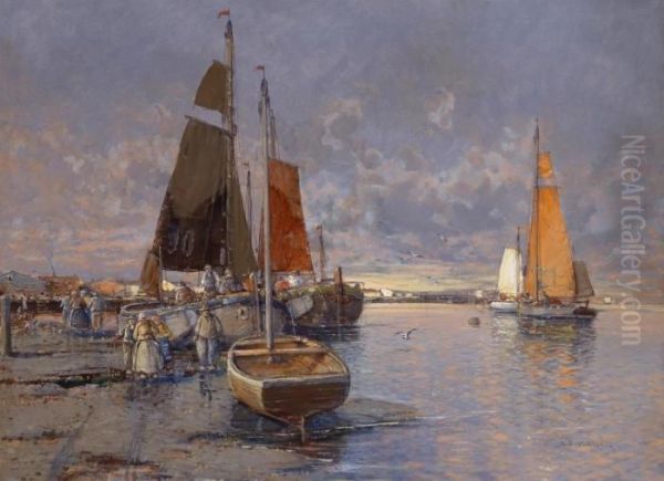 Fishermen In The Harbour In The Evening Light Oil Painting by Georg Fischof