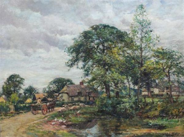 Carter And Sheep Beside A Duckpond Oil Painting by William Mark Fisher