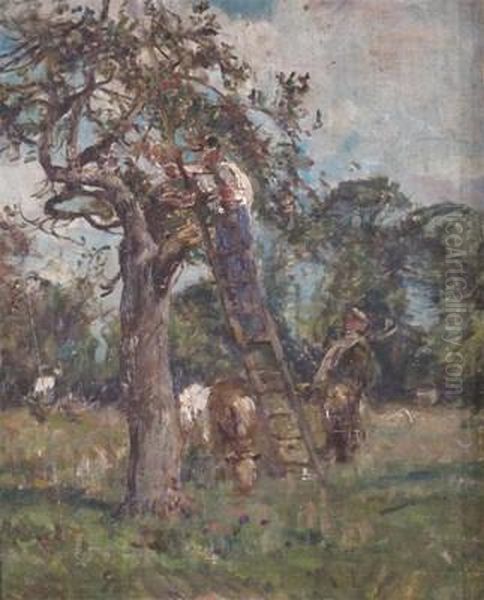 Gathering Apples, Normandy Oil Painting by William Mark Fisher