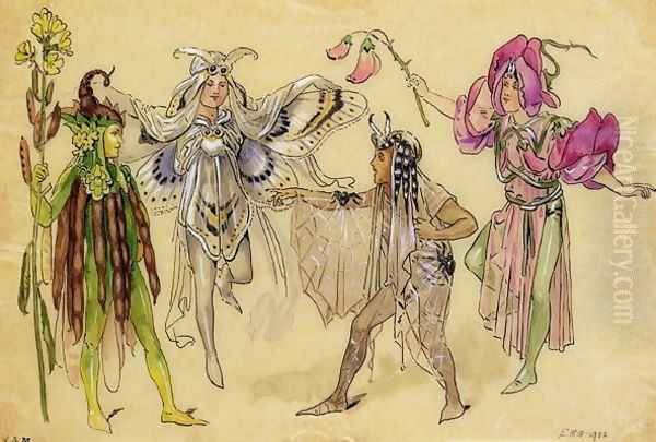 Four Fairy Costumes for A Midsummer Nights Dream produced by Robert Courtneidge at the Princes Theatre, Manchester, 1896-1903 Oil Painting by C. Wilhelm