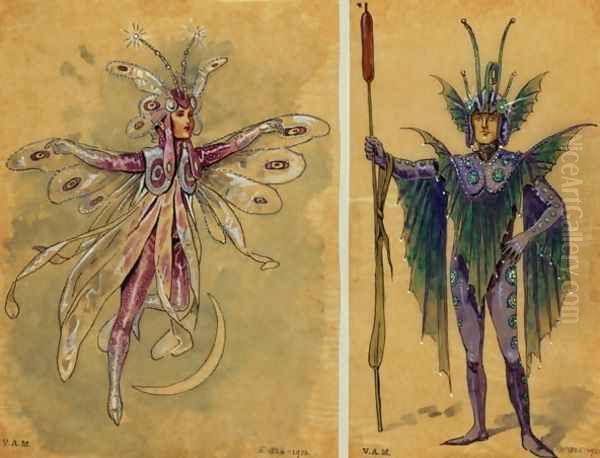 Two costume designs for fairies from 'A Midsummer Night's Dream', produced by R. Courtneidge at the Princes Theatre, Manchester Oil Painting by C. Wilhelm