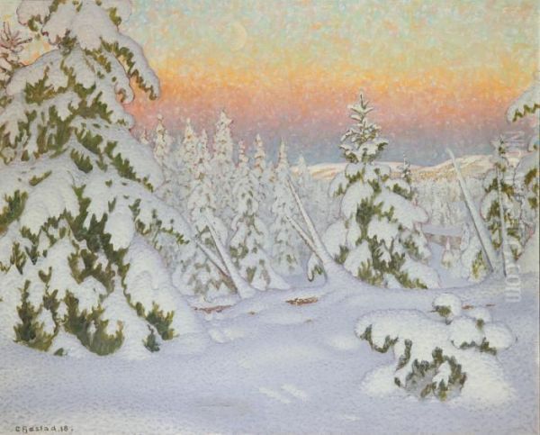 Vinterlandskap I Skymning Oil Painting by Gustaf Fjaestad