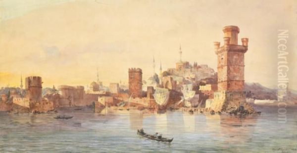 Vue De Rhodes Oil Painting by Eugene Napoleon Flandin