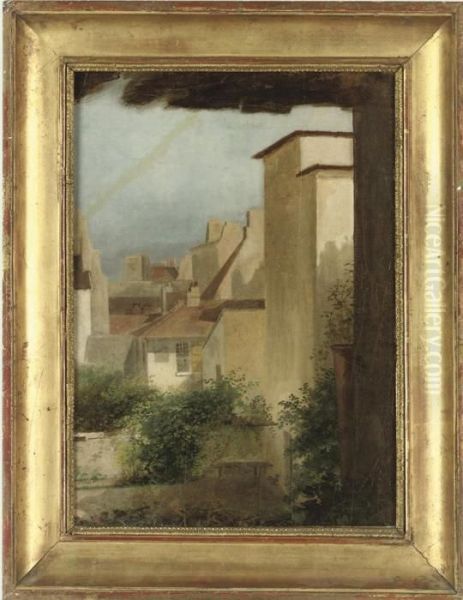 Study Of A Courtyard Garden With Rooftops Beyond Oil Painting by Eugene Napoleon Flandin