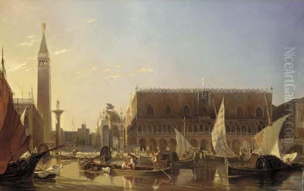 Gondolas On The Grand Canal In Front Of The Doge's Palace,venice Oil Painting by Eugene Napoleon Flandin